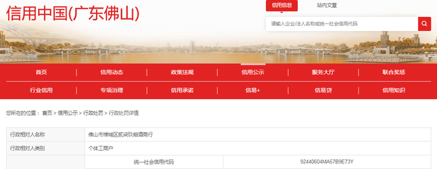 【廣東】佛山市禪城區貳柒玖煙酒商行無煙草專賣零售許可證經營煙草制品零售業務被處罰